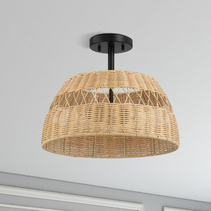Twinkle Double Lights Semi Flush with Rattan Shade Black Metal Finish for Farmhouse Style Decor 12.6"H x 15"W x 15"D