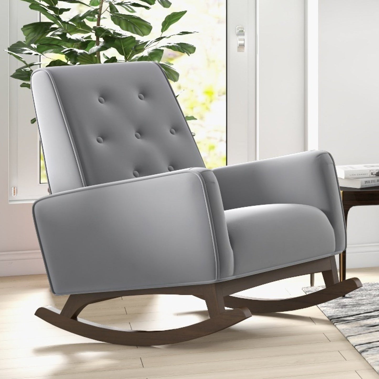 Premium Demetrius Light Grey Fabric Solid Wood Rocking Chair for Living Room and Nursery 36.6"H x 27.5"W x 39"D or Living Room Bedroom Reading