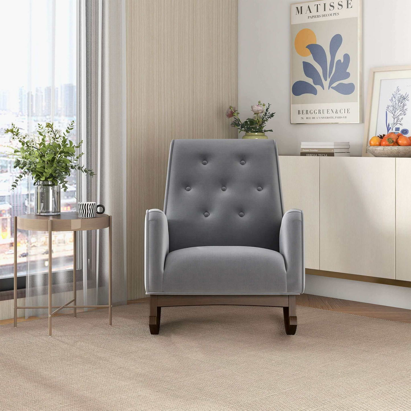 Premium Demetrius Light Grey Fabric Solid Wood Rocking Chair for Living Room and Nursery 36.6"H x 27.5"W x 39"D or Living Room Bedroom Reading