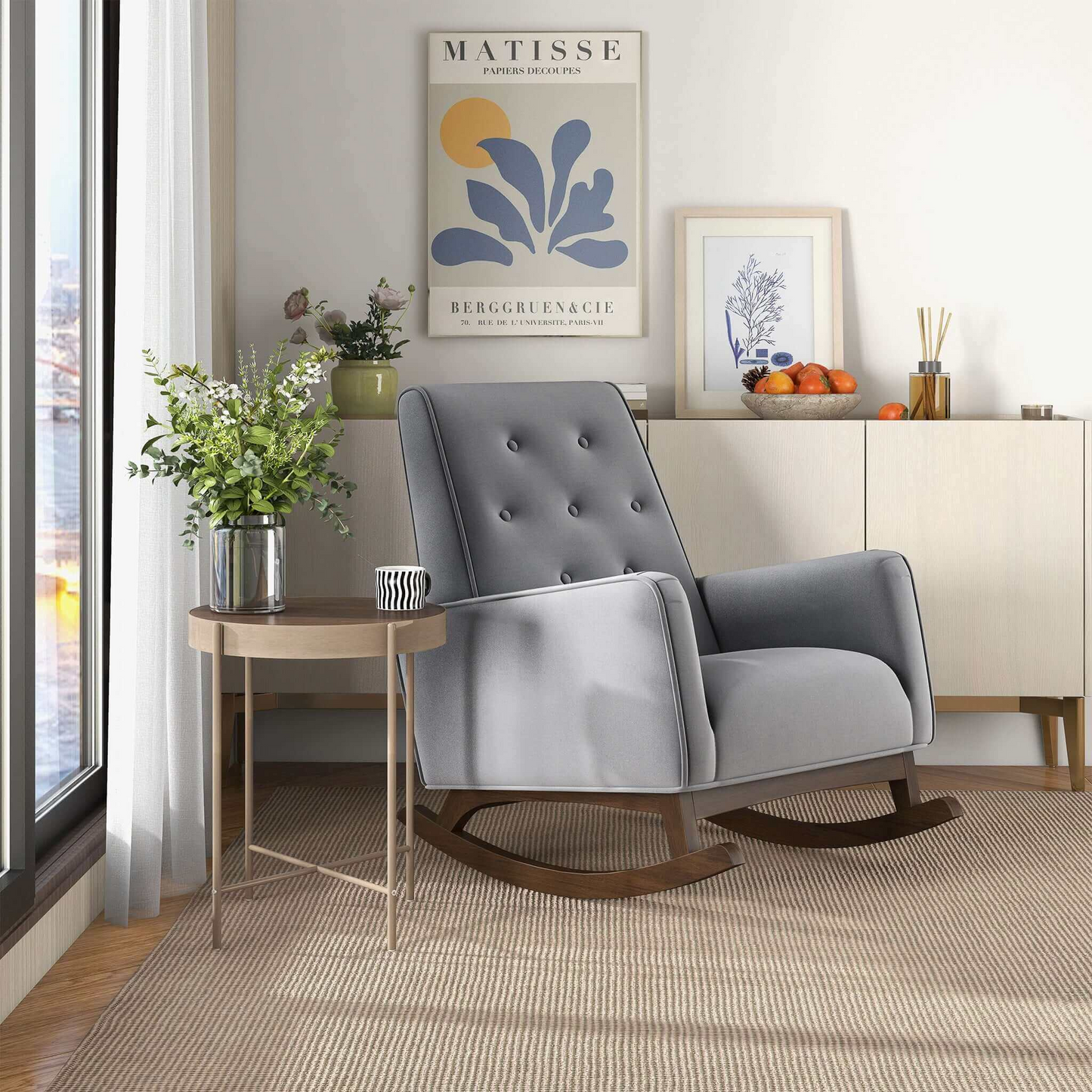 Premium Demetrius Light Grey Fabric Solid Wood Rocking Chair for Living Room and Nursery 36.6"H x 27.5"W x 39"D or Living Room Bedroom Reading