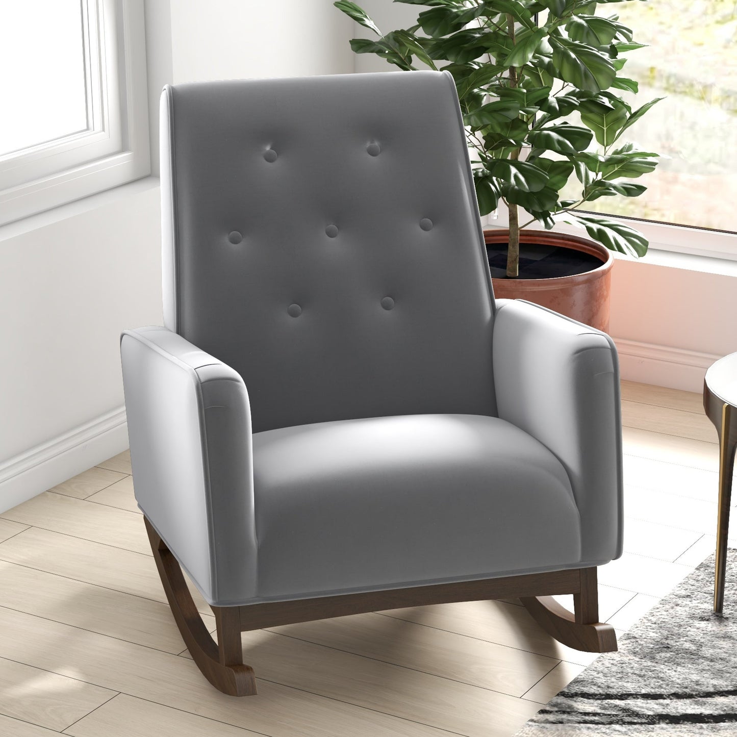 Premium Demetrius Light Grey Fabric Solid Wood Rocking Chair for Living Room and Nursery 36.6"H x 27.5"W x 39"D or Living Room Bedroom Reading
