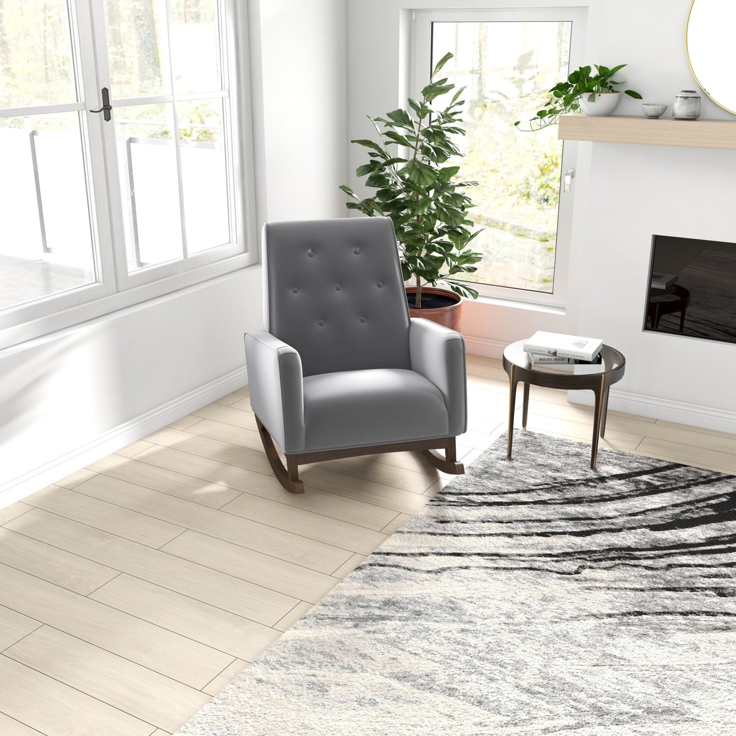 Premium Demetrius Light Grey Fabric Solid Wood Rocking Chair for Living Room and Nursery 36.6"H x 27.5"W x 39"D or Living Room Bedroom Reading
