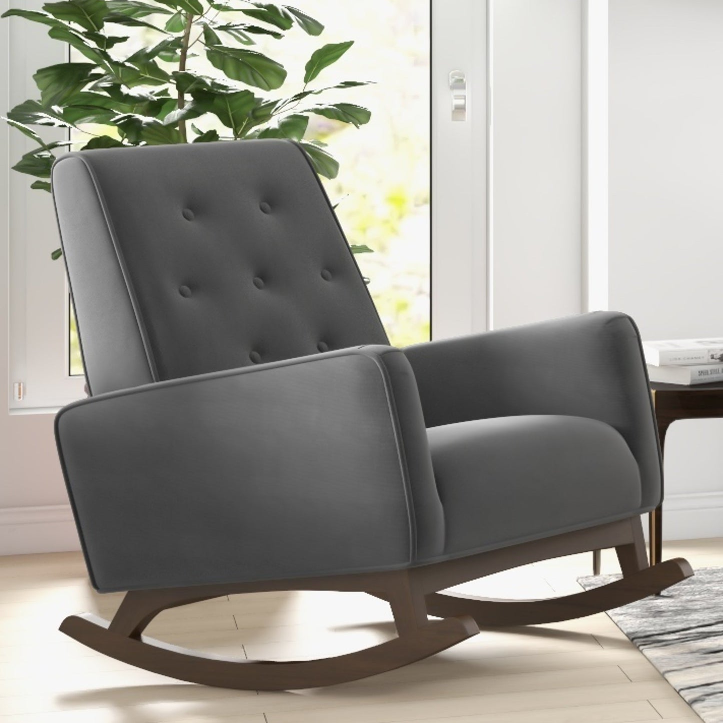 Elegant Style Demetrius Dark Grey Fabric Rocking Chair with Solid Wood Frame for Living Room and Nursery 36.6"H x 27.5"W x 39"D for Living Room Bedroom Reading