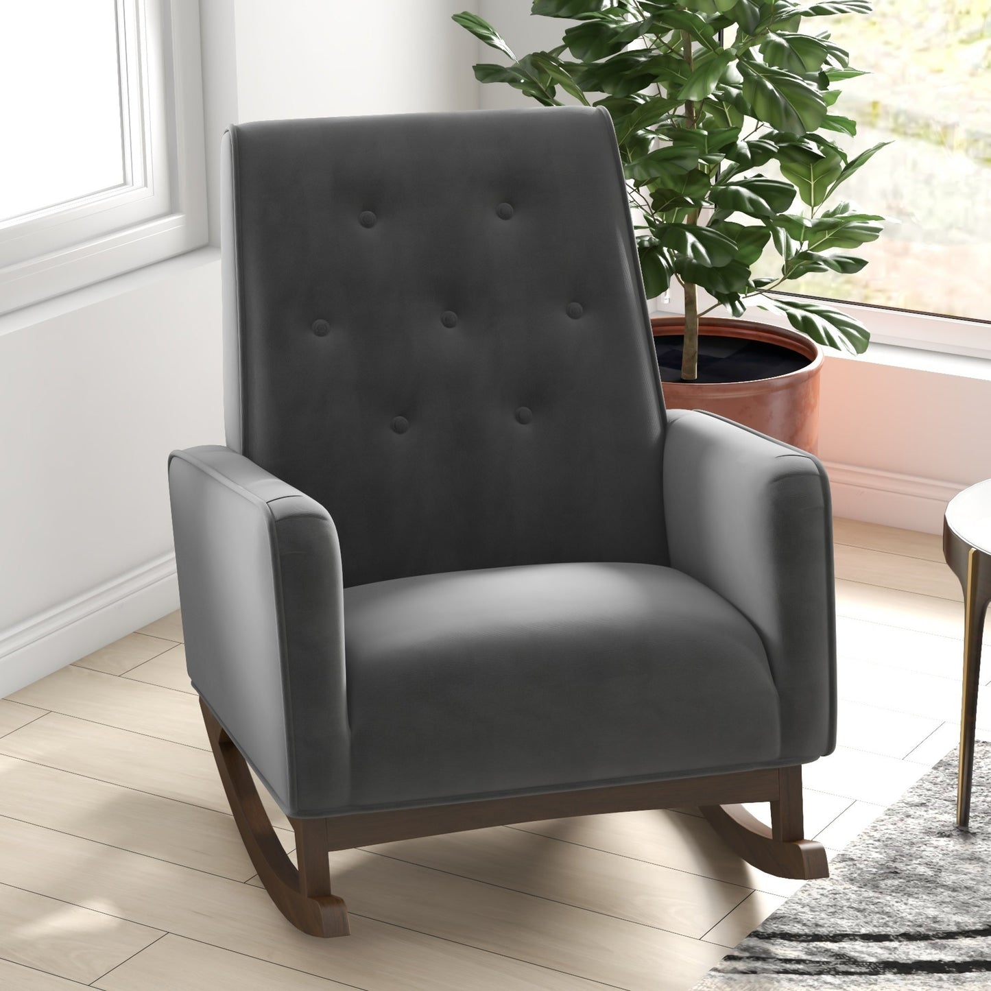 Elegant Style Demetrius Dark Grey Fabric Rocking Chair with Solid Wood Frame for Living Room and Nursery 36.6"H x 27.5"W x 39"D for Living Room Bedroom Reading