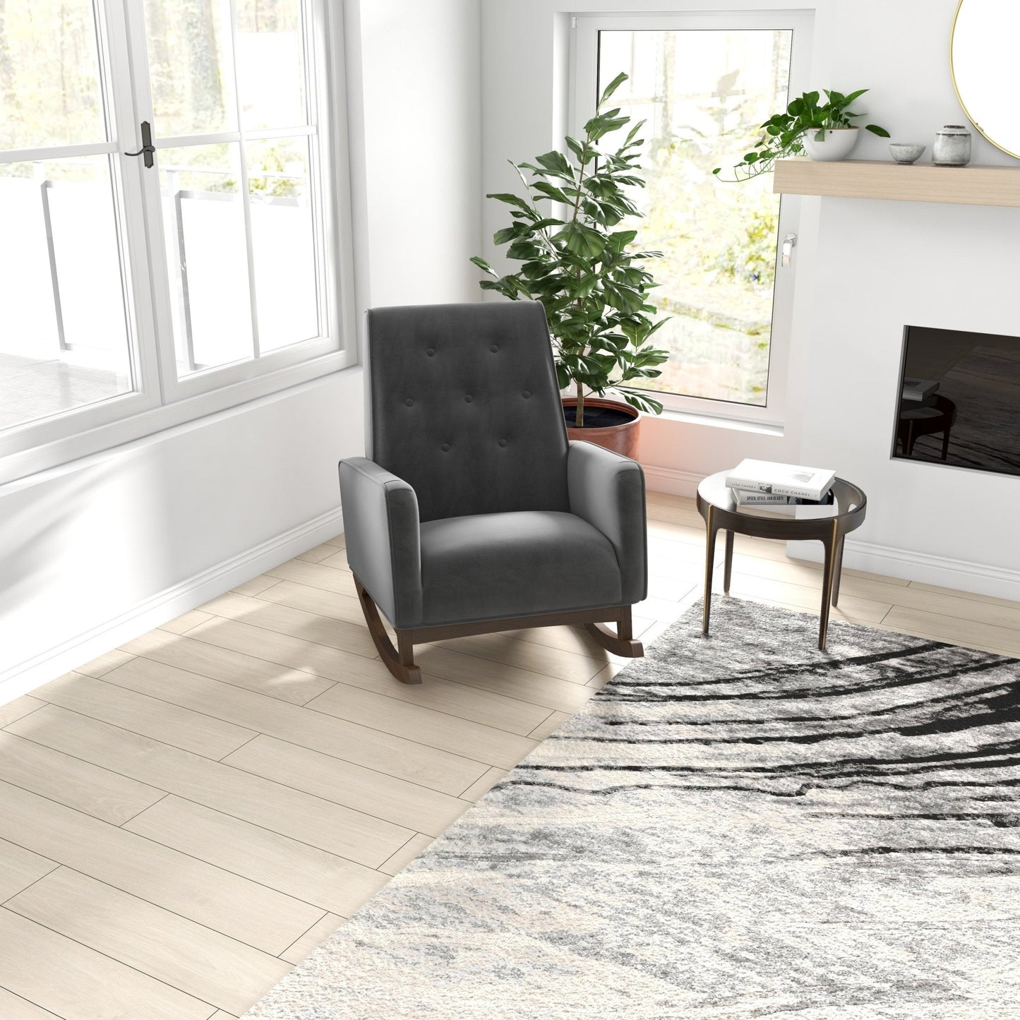 Elegant Style Demetrius Dark Grey Fabric Rocking Chair with Solid Wood Frame for Living Room and Nursery 36.6"H x 27.5"W x 39"D for Living Room Bedroom Reading
