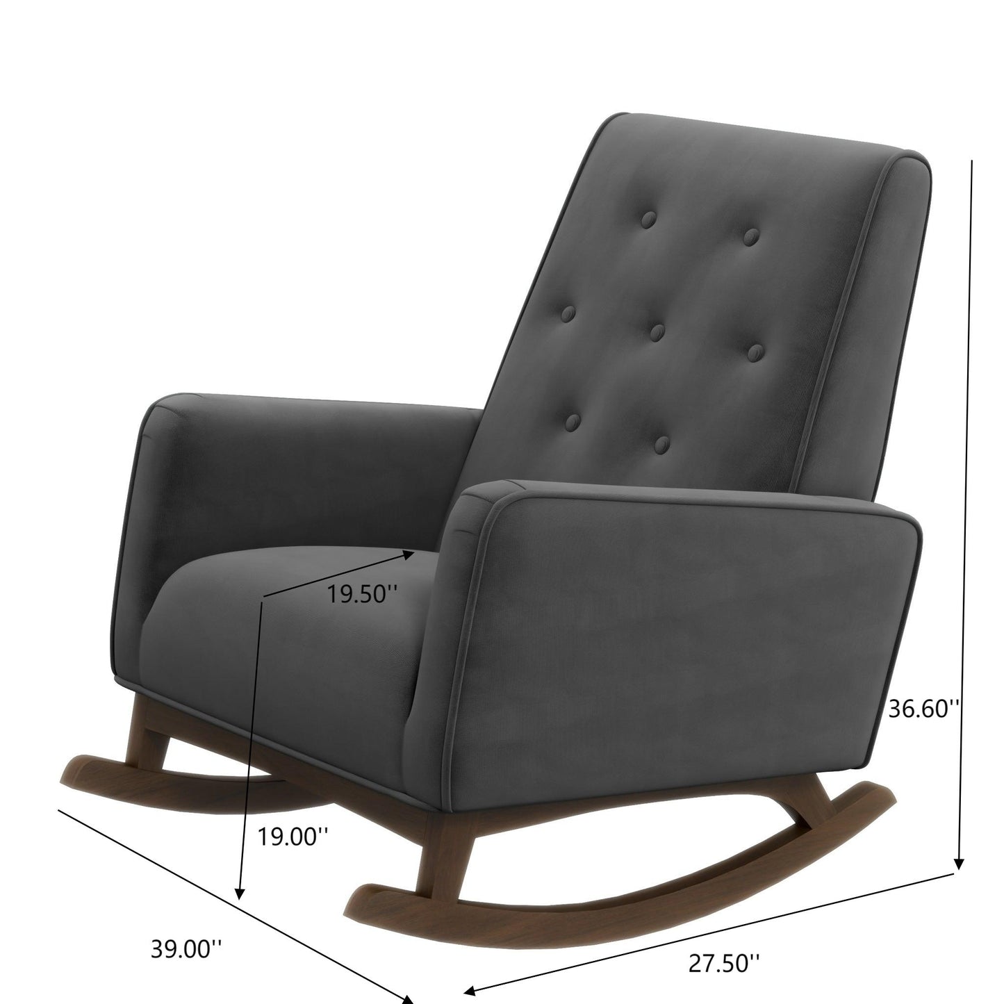 Elegant Style Demetrius Dark Grey Fabric Rocking Chair with Solid Wood Frame for Living Room and Nursery 36.6"H x 27.5"W x 39"D for Living Room Bedroom Reading