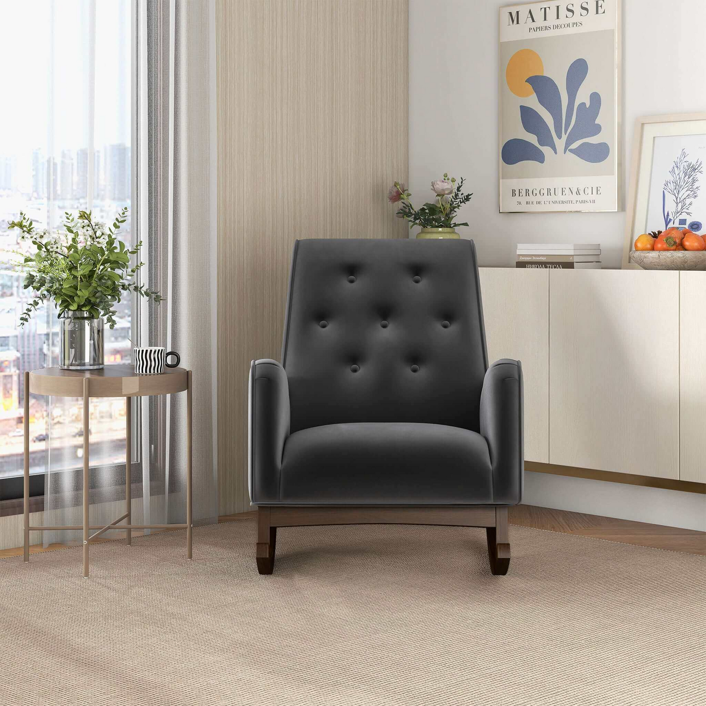 Elegant Style Demetrius Dark Grey Fabric Rocking Chair with Solid Wood Frame for Living Room and Nursery 36.6"H x 27.5"W x 39"D for Living Room Bedroom Reading