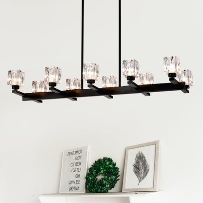 Chandelier for Dining Room, 10-Light Black Farmhouse Linear Pendant Light Fixture, Modern Crystal Hanging Lighting Chandelier for Kitchen Island, Bar, Long Table, G9 Bulb(10*G9*MAX 40W)