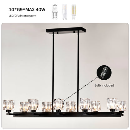 Chandelier for Dining Room, 10-Light Black Farmhouse Linear Pendant Light Fixture, Modern Crystal Hanging Lighting Chandelier for Kitchen Island, Bar, Long Table, G9 Bulb(10*G9*MAX 40W)