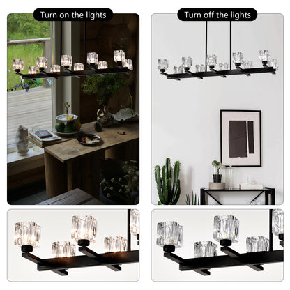 Chandelier for Dining Room, 10-Light Black Farmhouse Linear Pendant Light Fixture, Modern Crystal Hanging Lighting Chandelier for Kitchen Island, Bar, Long Table, G9 Bulb(10*G9*MAX 40W)