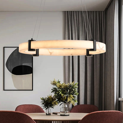 Modern LED Pendant Light, 24-Inch Round Hanging Chandelier with Adjustable Height, Imitation Marble Finish Resin Ring Ceiling Light for Dining Room, Kitchen Island, Living Room
