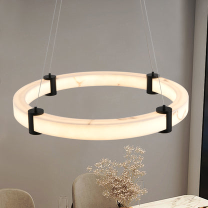 Modern LED Pendant Light, 24-Inch Round Hanging Chandelier with Adjustable Height, Imitation Marble Finish Resin Ring Ceiling Light for Dining Room, Kitchen Island, Living Room