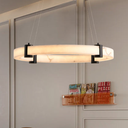 Modern LED Pendant Light, 24-Inch Round Hanging Chandelier with Adjustable Height, Imitation Marble Finish Resin Ring Ceiling Light for Dining Room, Kitchen Island, Living Room
