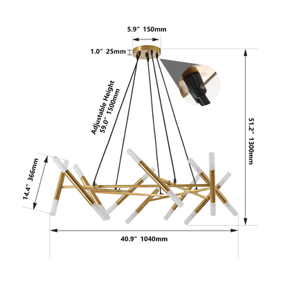 41" Golden Modern Chandelier Light Fixture, Branch Design with Frosted Tubes, Black Cords, Adjustable Height Pendant Light for Dining Room, Living Room, or Kitchen Island (Bulb Not Included)