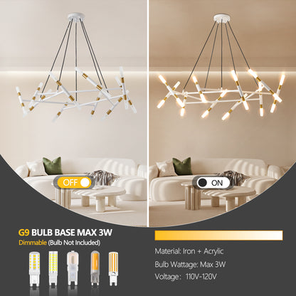 41" White & Golden Modern Chandelier Light Fixture, Branch Design with Frosted Tubes, Black Cords, Adjustable Height Pendant Light for Dining Room, Living Room, or Kitchen Island (Bulb Not Included)