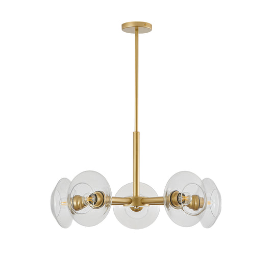 26" Modern Gold 5-Light Sputnik Chandelier with Clear Glass Shades, Mid-Century Hanging Pendant Light Fixture for Dining Room, Living Room, or Kitchen (Bulb Not Included)