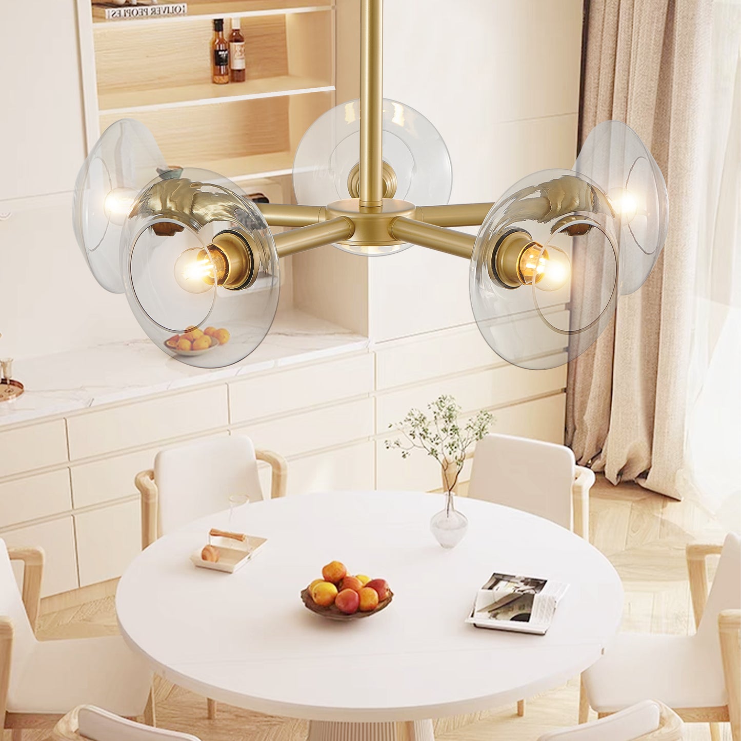 26" Modern Gold 5-Light Sputnik Chandelier with Clear Glass Shades, Mid-Century Hanging Pendant Light Fixture for Dining Room, Living Room, or Kitchen (Bulb Not Included)