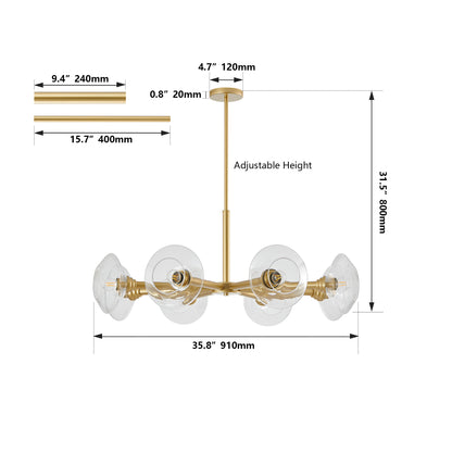 36" Modern Gold 8-Light Sputnik Chandelier with Clear Glass Shades, Mid-Century Hanging Pendant Light Fixture for Dining Room, Living Room, or Kitchen (Bulb Not Included)