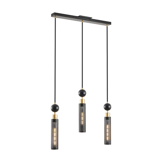 25" Modern Black and Gold 3-Light Pendant Chandelier, Adjustable Hanging Lights with Cylindrical Mesh Shades, E26 Base, Ideal for Dining Room, Kitchen Island, or Living Room Lighting (No Bulbs)