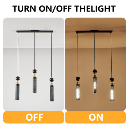 25" Modern Black and Gold 3-Light Pendant Chandelier, Adjustable Hanging Lights with Cylindrical Mesh Shades, E26 Base, Ideal for Dining Room, Kitchen Island, or Living Room Lighting (No Bulbs)