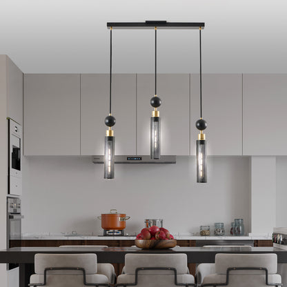 25" Modern Black and Gold 3-Light Pendant Chandelier, Adjustable Hanging Lights with Cylindrical Mesh Shades, E26 Base, Ideal for Dining Room, Kitchen Island, or Living Room Lighting (No Bulbs)