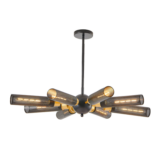 34" Modern Industrial Sputnik Chandelier, 8-Light Black and Gold Metal Pendant Light with Mesh Shades, E26 Base, Adjustable Height for Dining Room, Living Room, or Kitchen Island (Bulb Not Included)