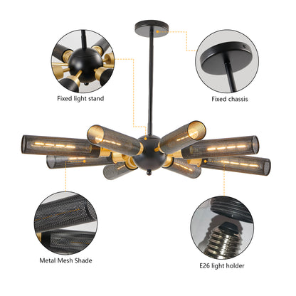 34" Modern Industrial Sputnik Chandelier, 8-Light Black and Gold Metal Pendant Light with Mesh Shades, E26 Base, Adjustable Height for Dining Room, Living Room, or Kitchen Island (Bulb Not Included)