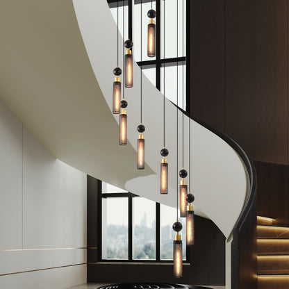 24" Modern Industrial Multi-Light Pendant Chandelier - 9-Light Black and Gold Adjustable Ceiling Light Fixture with Mesh Cylinder Shades for Living Room, Dining Room, or Staircase (Bulb Not Included)