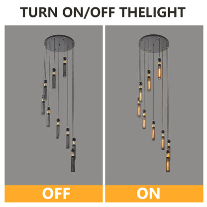 24" Modern Industrial Multi-Light Pendant Chandelier - 9-Light Black and Gold Adjustable Ceiling Light Fixture with Mesh Cylinder Shades for Living Room, Dining Room, or Staircase (Bulb Not Included)