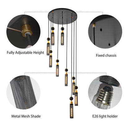 24" Modern Industrial Multi-Light Pendant Chandelier - 9-Light Black and Gold Adjustable Ceiling Light Fixture with Mesh Cylinder Shades for Living Room, Dining Room, or Staircase (Bulb Not Included)