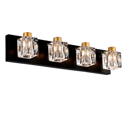 4-Light Matte Black + Gold Bathroom Light Fixtures, Modern Vanity Lights with Crystal Glass Shade, Vintage Light Fixture Bathroom Over Mirror Wall Lights for Kitchen Dinning Room Bedroom Hallway