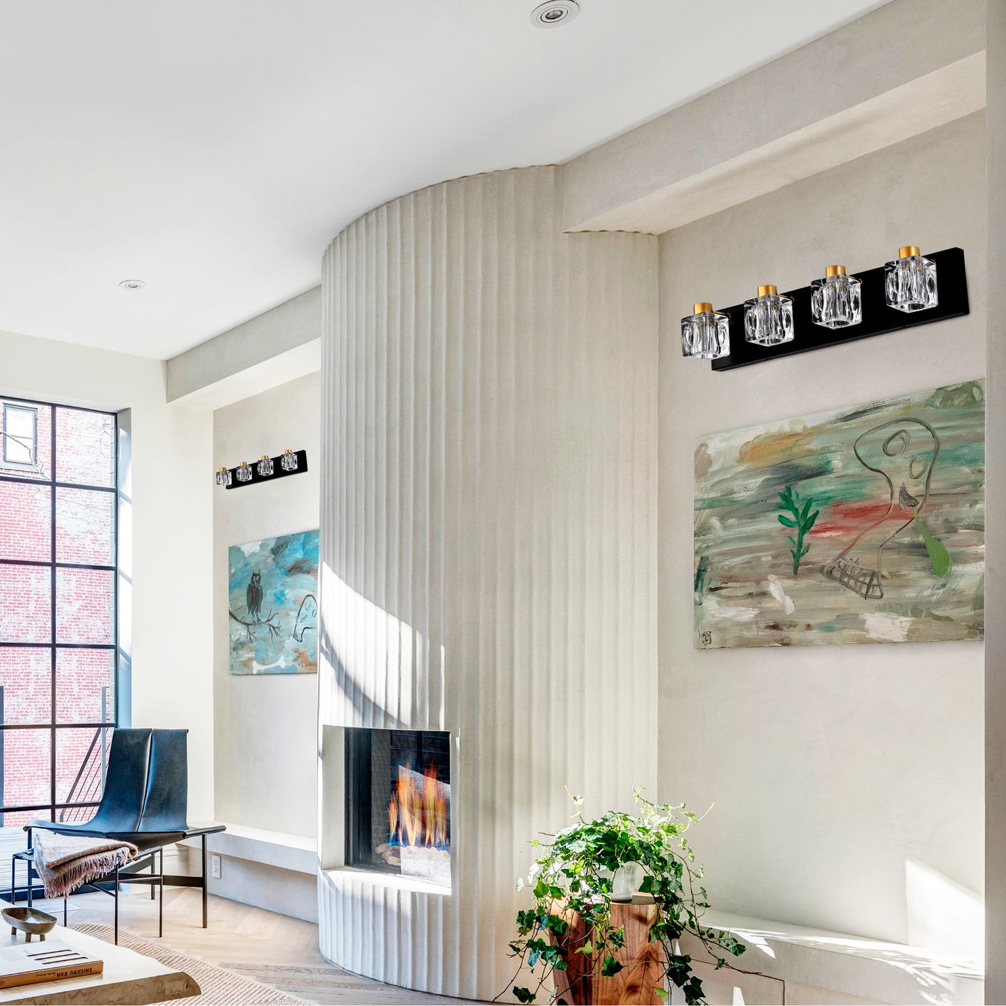 4-Light Matte Black + Gold Bathroom Light Fixtures, Modern Vanity Lights with Crystal Glass Shade, Vintage Light Fixture Bathroom Over Mirror Wall Lights for Kitchen Dinning Room Bedroom Hallway