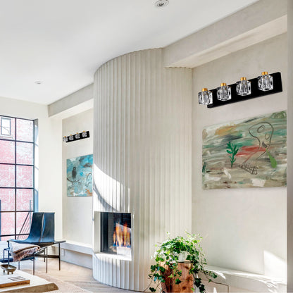 4-Light Matte Black + Gold Bathroom Light Fixtures, Modern Vanity Lights with Crystal Glass Shade, Vintage Light Fixture Bathroom Over Mirror Wall Lights for Kitchen Dinning Room Bedroom Hallway