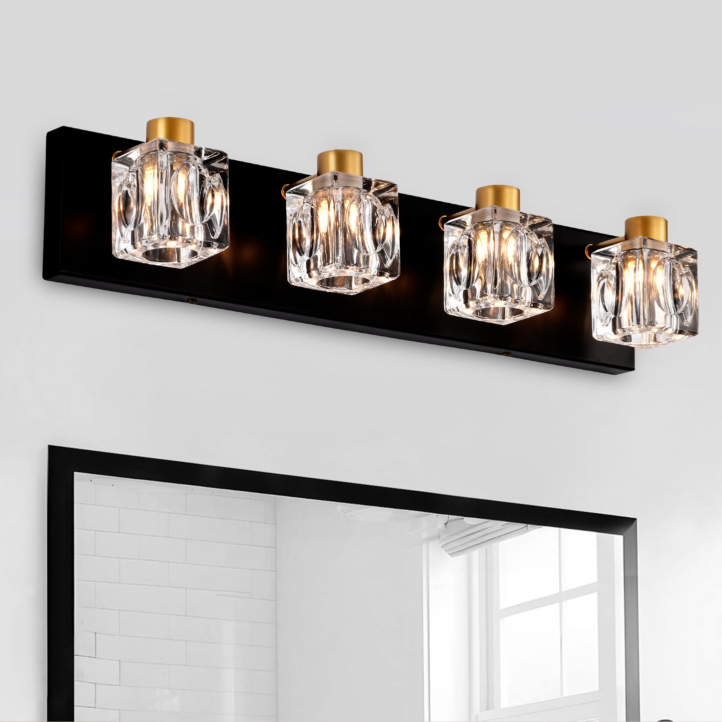 4-Light Matte Black + Gold Bathroom Light Fixtures, Modern Vanity Lights with Crystal Glass Shade, Vintage Light Fixture Bathroom Over Mirror Wall Lights for Kitchen Dinning Room Bedroom Hallway