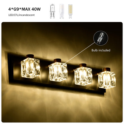 4-Light Matte Black + Gold Bathroom Light Fixtures, Modern Vanity Lights with Crystal Glass Shade, Vintage Light Fixture Bathroom Over Mirror Wall Lights for Kitchen Dinning Room Bedroom Hallway