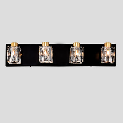 4-Light Matte Black + Gold Bathroom Light Fixtures, Modern Vanity Lights with Crystal Glass Shade, Vintage Light Fixture Bathroom Over Mirror Wall Lights for Kitchen Dinning Room Bedroom Hallway