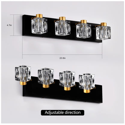 4-Light Matte Black + Gold Bathroom Light Fixtures, Modern Vanity Lights with Crystal Glass Shade, Vintage Light Fixture Bathroom Over Mirror Wall Lights for Kitchen Dinning Room Bedroom Hallway