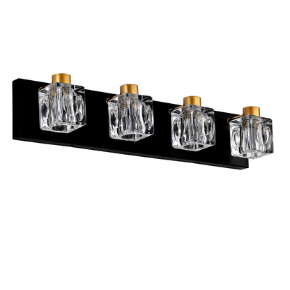 4-Light Matte Black + Gold Bathroom Light Fixtures, Modern Vanity Lights with Crystal Glass Shade, Vintage Light Fixture Bathroom Over Mirror Wall Lights for Kitchen Dinning Room Bedroom Hallway