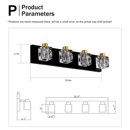 4-Light Matte Black + Gold Bathroom Light Fixtures, Modern Vanity Lights with Crystal Glass Shade, Vintage Light Fixture Bathroom Over Mirror Wall Lights for Kitchen Dinning Room Bedroom Hallway