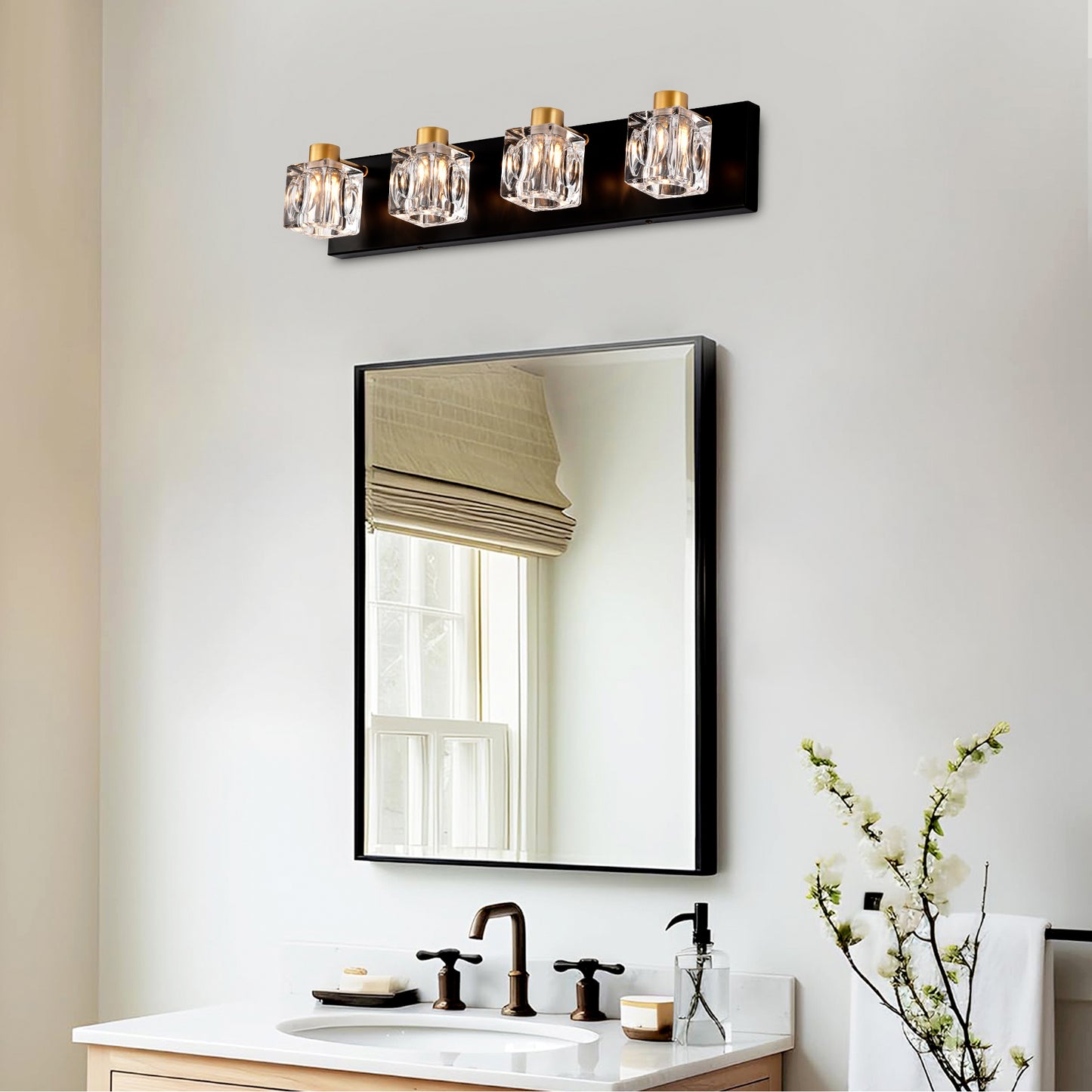 4-Light Matte Black + Gold Bathroom Light Fixtures, Modern Vanity Lights with Crystal Glass Shade, Vintage Light Fixture Bathroom Over Mirror Wall Lights for Kitchen Dinning Room Bedroom Hallway