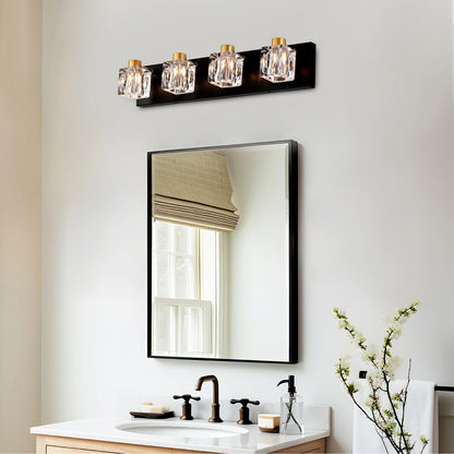 4-Light Matte Black + Gold Bathroom Light Fixtures, Modern Vanity Lights with Crystal Glass Shade, Vintage Light Fixture Bathroom Over Mirror Wall Lights for Kitchen Dinning Room Bedroom Hallway