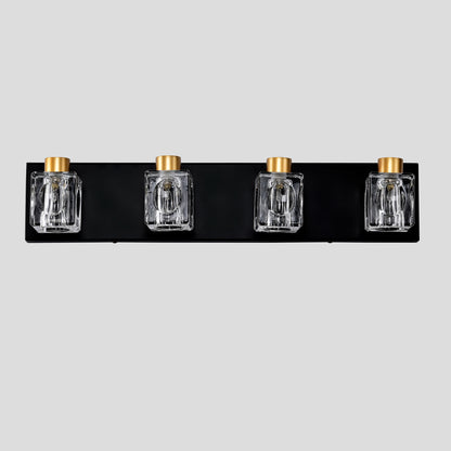 4-Light Matte Black + Gold Bathroom Light Fixtures, Modern Vanity Lights with Crystal Glass Shade, Vintage Light Fixture Bathroom Over Mirror Wall Lights for Kitchen Dinning Room Bedroom Hallway