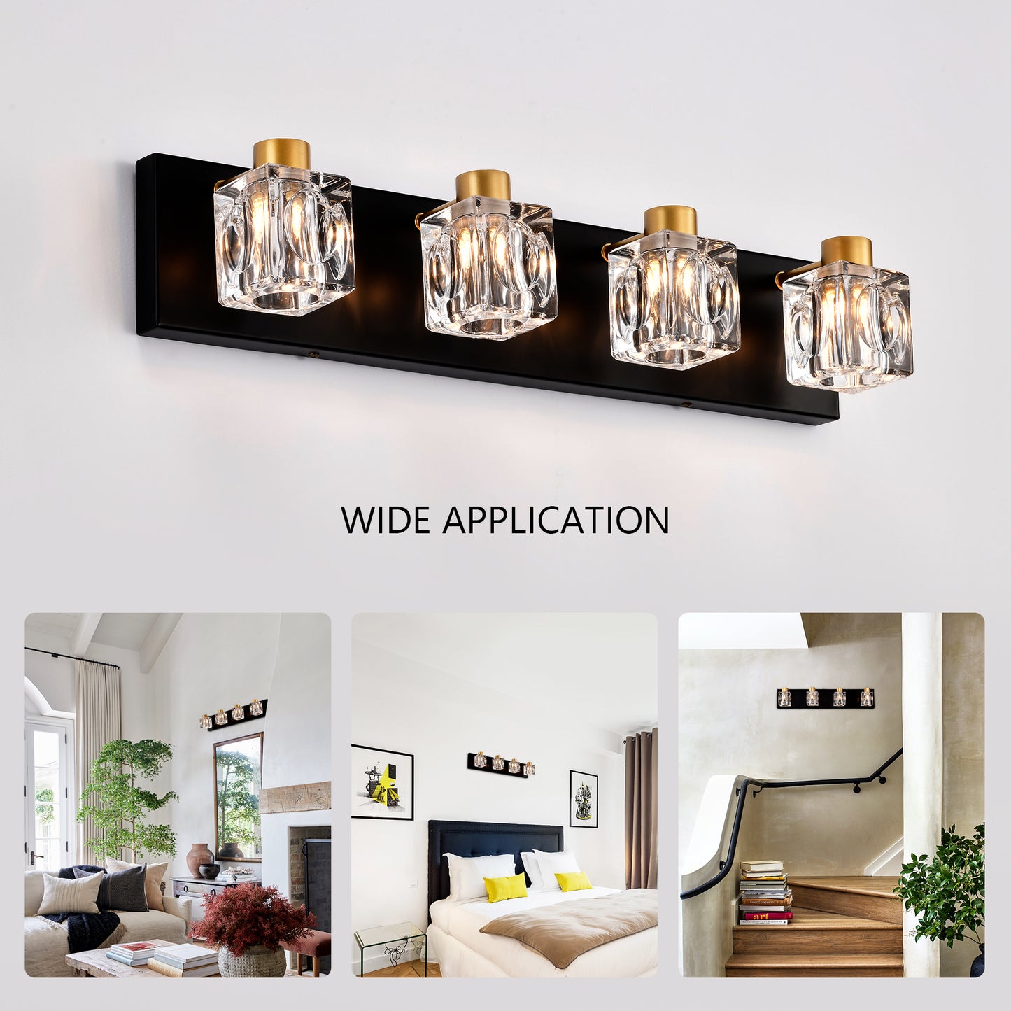 4-Light Matte Black + Gold Bathroom Light Fixtures, Modern Vanity Lights with Crystal Glass Shade, Vintage Light Fixture Bathroom Over Mirror Wall Lights for Kitchen Dinning Room Bedroom Hallway
