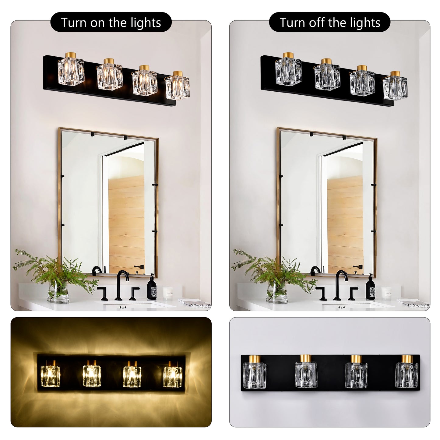 4-Light Matte Black + Gold Bathroom Light Fixtures, Modern Vanity Lights with Crystal Glass Shade, Vintage Light Fixture Bathroom Over Mirror Wall Lights for Kitchen Dinning Room Bedroom Hallway