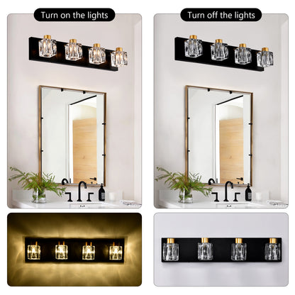 4-Light Matte Black + Gold Bathroom Light Fixtures, Modern Vanity Lights with Crystal Glass Shade, Vintage Light Fixture Bathroom Over Mirror Wall Lights for Kitchen Dinning Room Bedroom Hallway