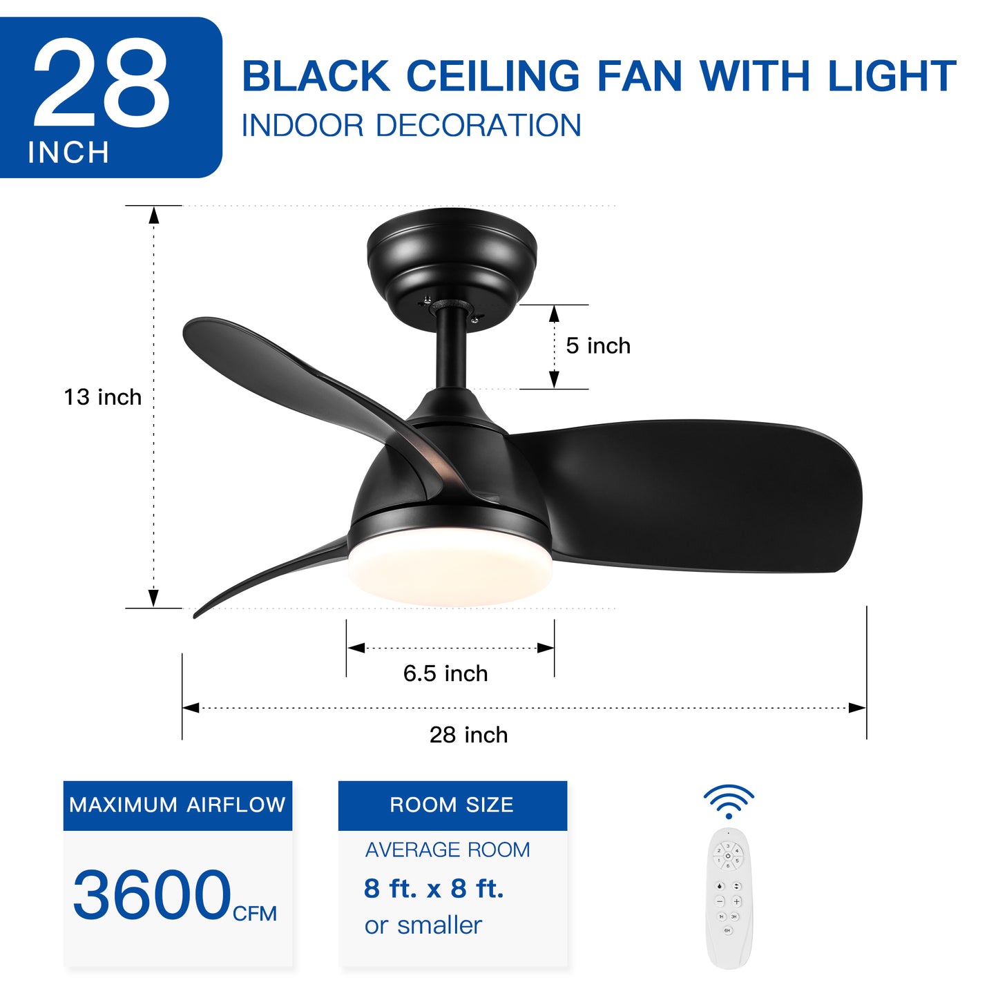 28 In Intergrated LED Ceiling Fan Lighting with Black ABS Blade