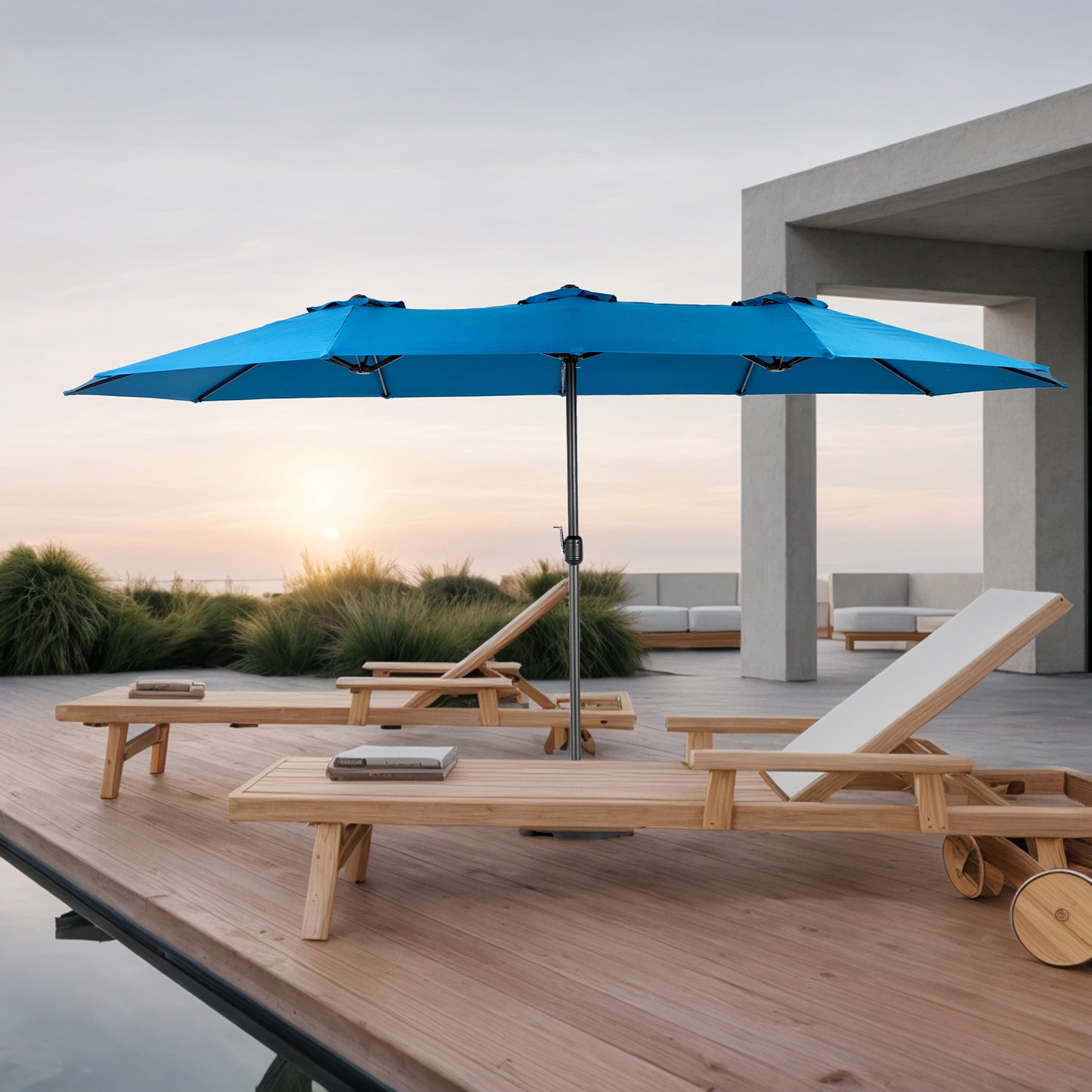 14.8 Ft Double Sided Outdoor Umbrella Rectangular Large with Crank ( Dark blue )