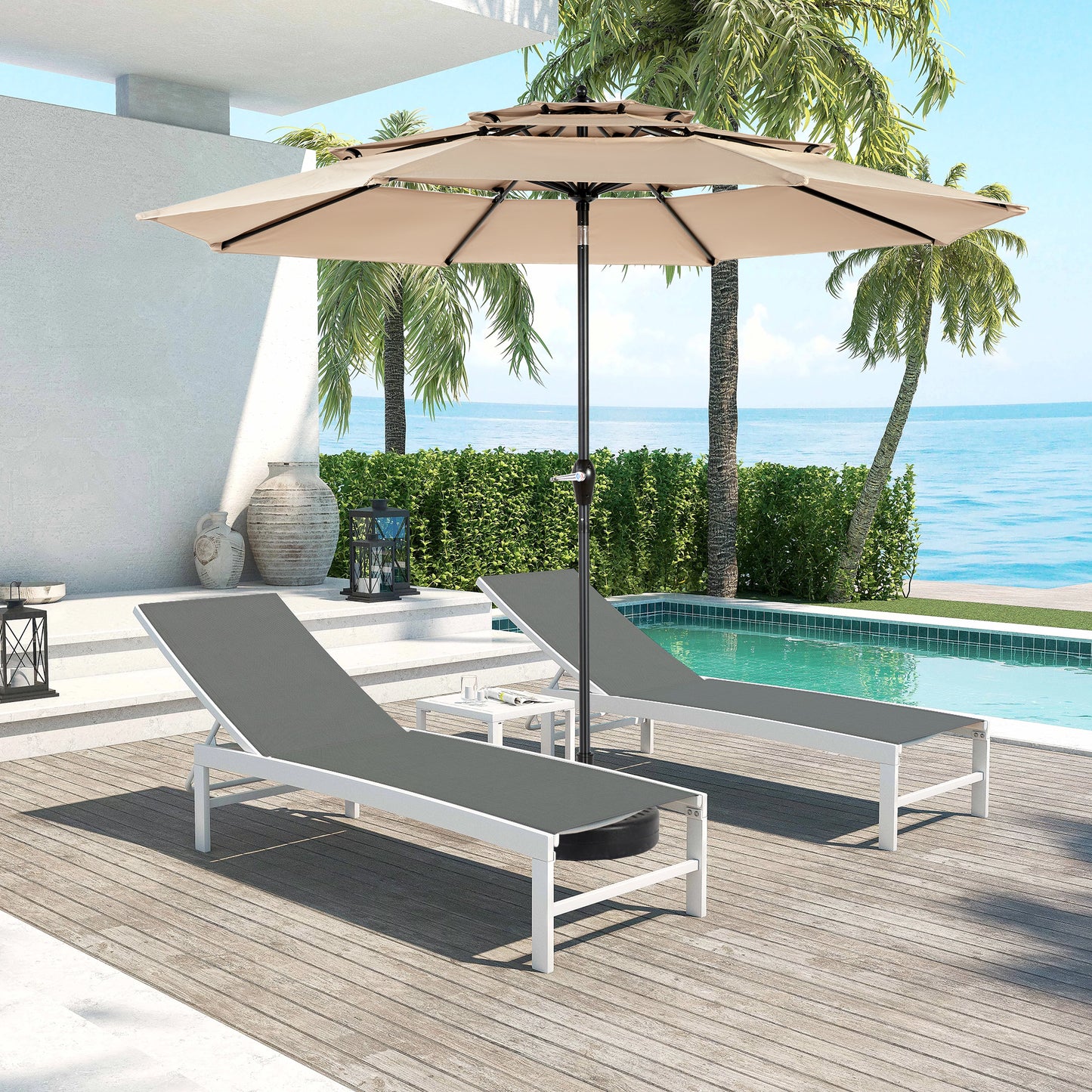 Aluminium 10ft 3 Tier Auto-tilt Umbrella ,Outdoor Patio Umbrella - Market Table Pool Deck Umbrella (Base Not Included) - ( khaki )