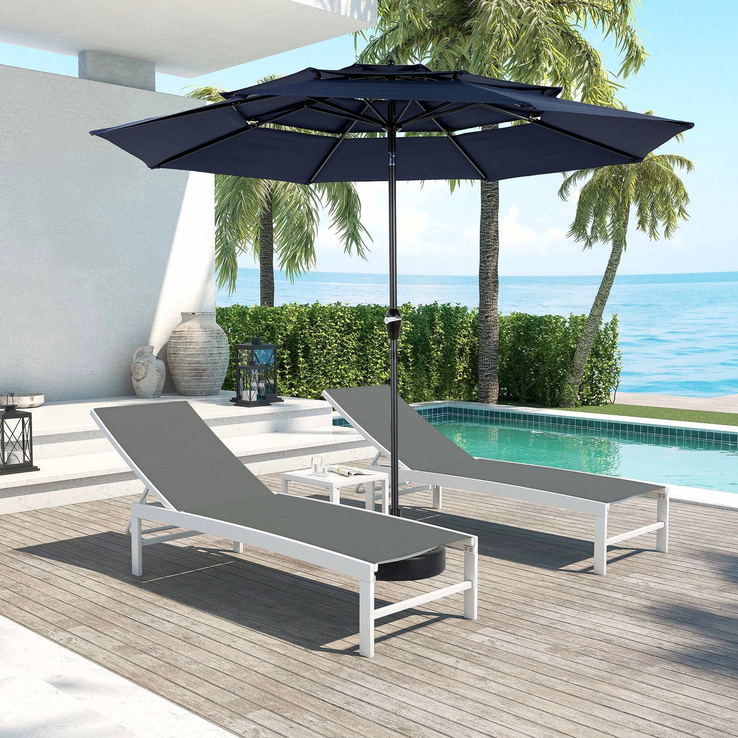 Aluminium 10ft 3 Tier Auto-tilt Umbrella ,Outdoor Patio Umbrella - Market Table Pool Deck Umbrella (Base Not Included) - (Navy blue )