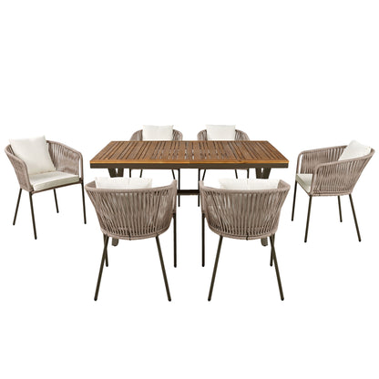 GO 7 Pieces Patio Dining Set, All-Weather Outdoor Furniture Set with Dining Table and Chairs, Acacia Wood Tabletop, Metal Frame, for for Garden, Backyard, Balcony, Beige